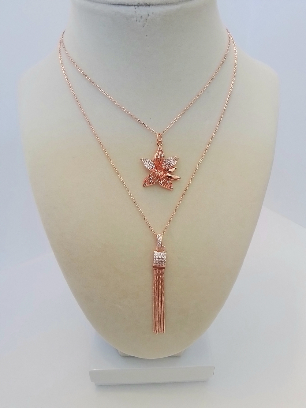 Rose Gold Floral & Tassel Necklaces - Set Of 2